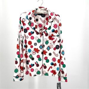 Kate Spade White Multicolor Patterned Holiday Pajama Top Sz Medium